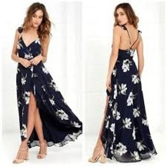 Lulu's Dress Woman's Small All Mine‎ Navy Blue Floral Print High-Low Wrap Party - Picture 1 of 15